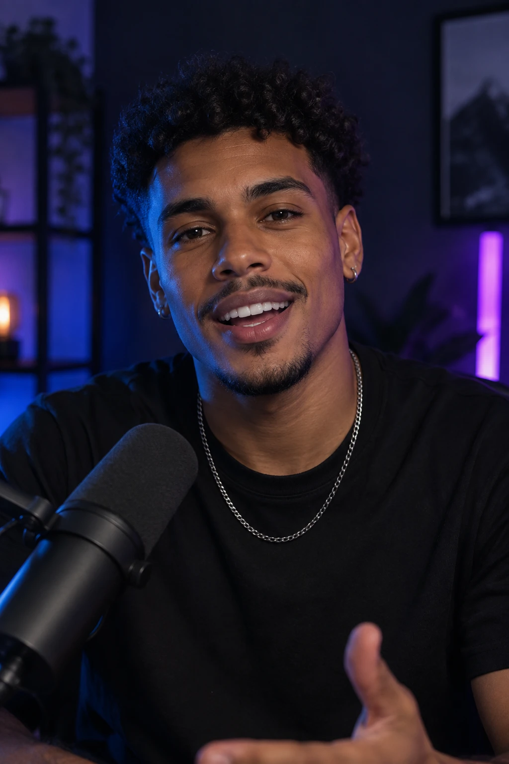 Illustrative scene: a smiling creator speaking into a podcast microphone in a blue and violet studio.